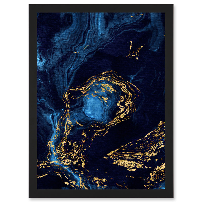 Abstract Dark Blue Gold Waves Modern - Single Picture Frame Print