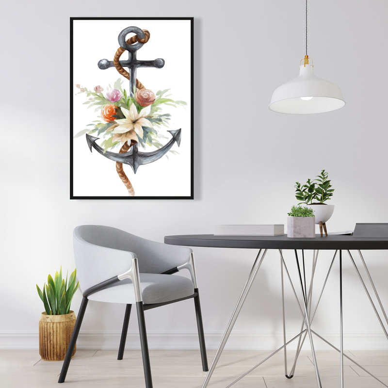 Ancre avec fleurs - décor de toile scandinave brune encadrée