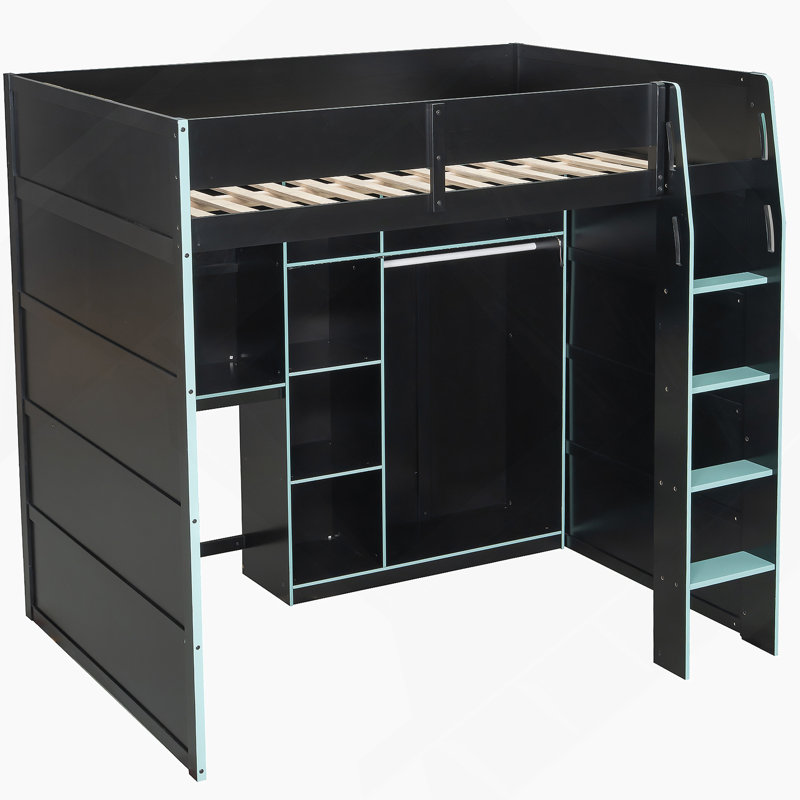 Lit mezzanine en bois pleine grandeur avec bureau, garde-robe ouverte, compartiments de rangement et lumières RVB, bleu nuage