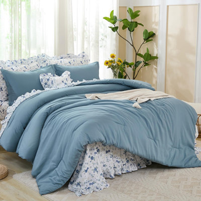 8-Piece Ruffle Floral Comforter Set, Farmhouse Bedding Set with Ruffle Comforter, Pillowcases and Sheets