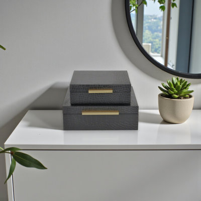 Ensemble de 2 boîtes de rangement carrées gigognes Lusan, finition embossée moderne - faux croco noir
