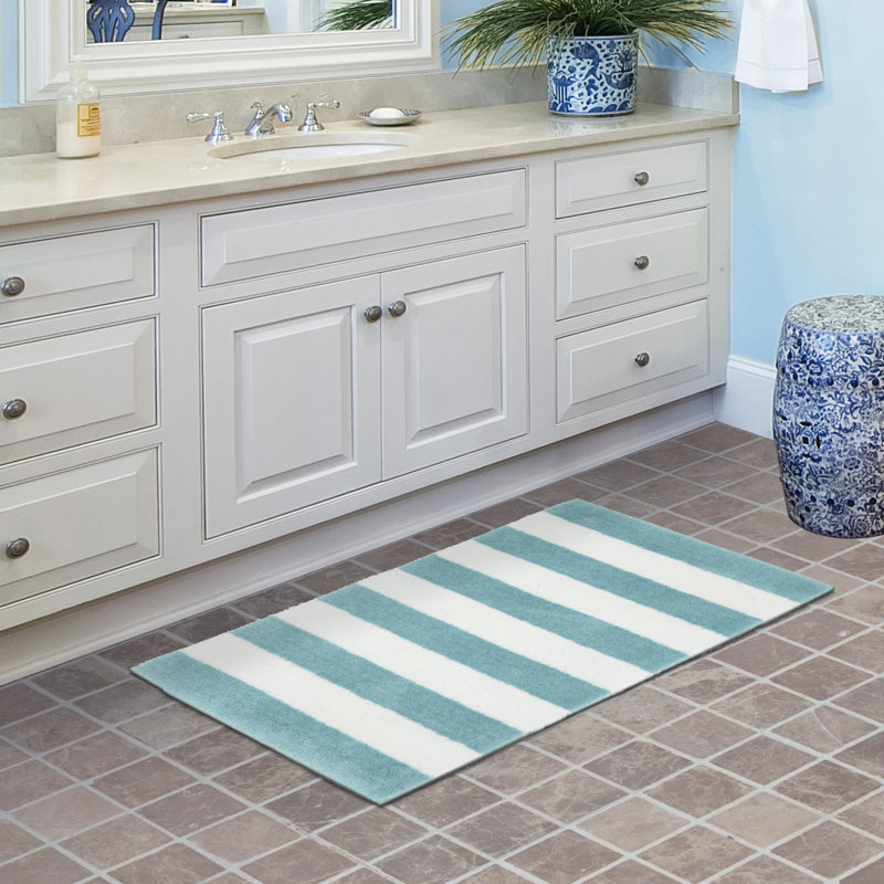 Ronning Beach Stripe Nylon and Polyester Bath Rug with Non-Slip Backing, Seafoam/White