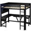 Lit mezzanine double noir pour jouer, avec structure en bois, bureau, rangement, lumières à DEL 7 couleurs et port de charge