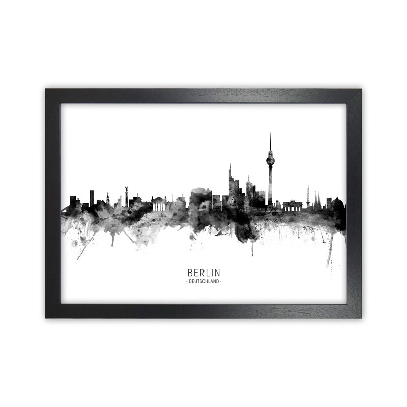 Berlin Germany Skyline Black White City Name by Michael Tompsett - 1 Piece Wall Art, 34cm H x 46cm W x 3cm D, Black Framed