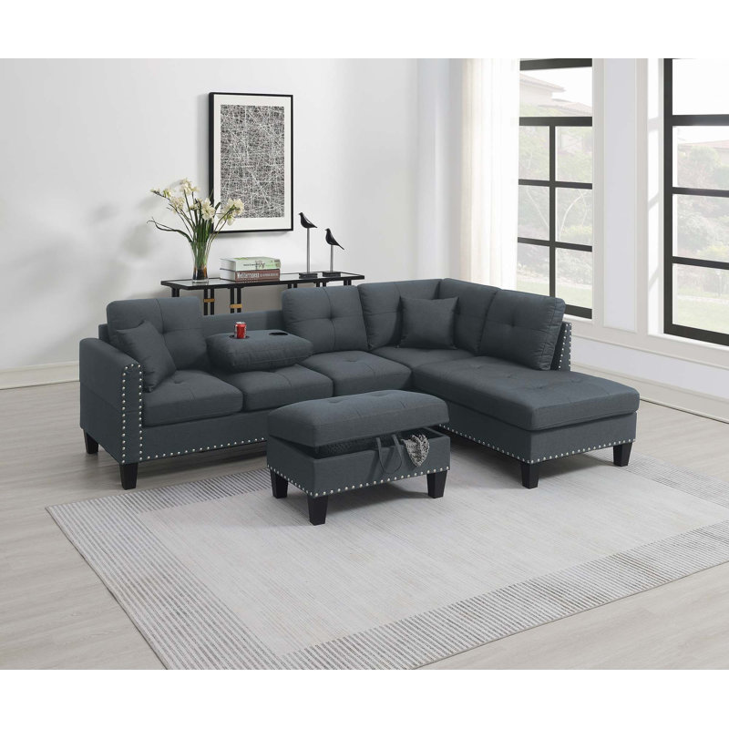 Living Room Furniture 3-PCS Sectional Sofa, Charcoal Fabric