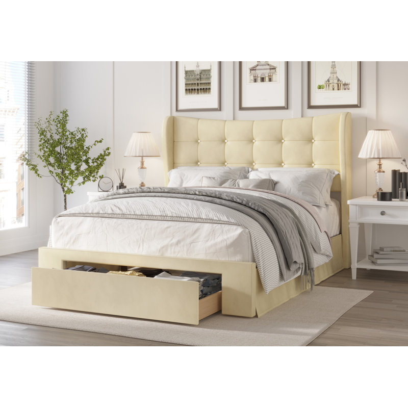 Culberson Upholstered Wingback Storage Bed, Beige, Queen