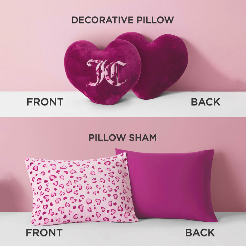 Juicy Couture Plush Reversible Leopard Hearts Comforter Set with Decorative Pillow, King