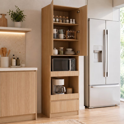 Armoire de cuisine de 92,5 po de hauteur avec garage électroménager, 3 tiroirs et rangement pour four à micro-ondes / café, finition chêne clair