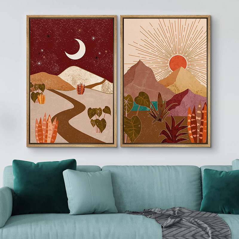IDÉE4WALL, reproduction d'art sur toile encadrée, lune et soleil, désert, sud-ouest, paysages, nature sauvage, illustrations, art moderne, rustique décoratif pour le salon, la chambre à coucher, bureau, 16 po x 24 po x 2 po blanc