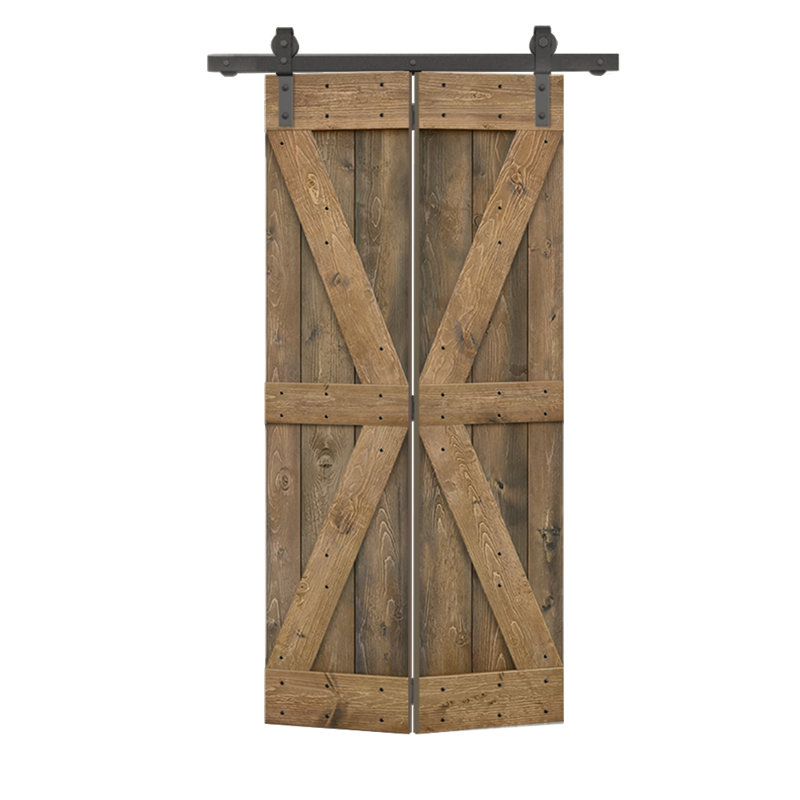 Porte de grange pliante en bois de pin avec quincaillerie coulissante, Noyer, 38 po x 84 po