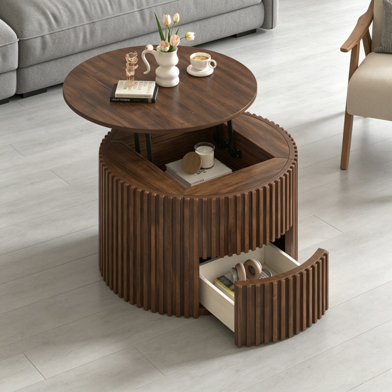 Table basse ronde à plateau relevable cannelé avec rangement caché, table d'appoint moderne en bois pour le salon, brun