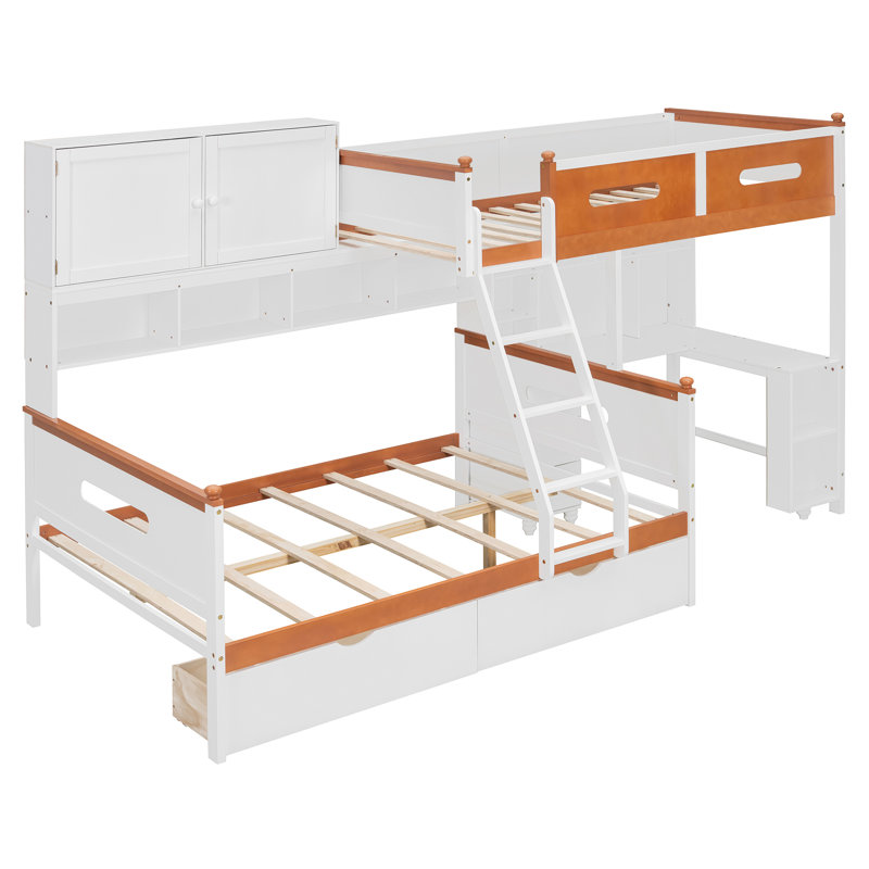 Lit simple superposé au dessus d'un lit double avec bureau, tiroirs, tablettes et armoire, lumière DEL, blanc et orange