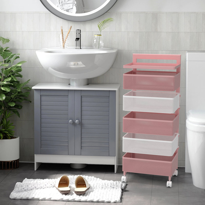 Pink and White 5-Tier Rotating Metal Utility Cart with Wheels