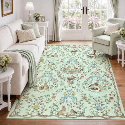 Tapis antidérapant de style forêt pastorale avec lapin et fleurs, en vison d'eau douce