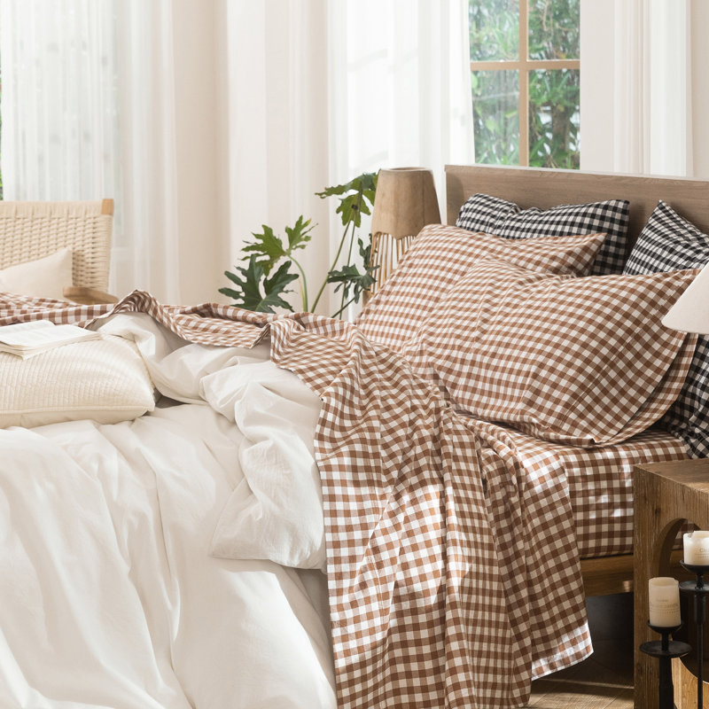 Ensemble de draps 100% coton lavé MooMee, Orange foncé, Ensemble de draps pour grand lit avec 2 taies d'or