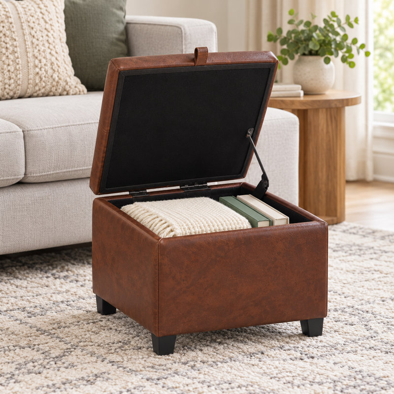17.5" Square Tufted Faux Leather Storage Ottoman for Living Room, Rufous