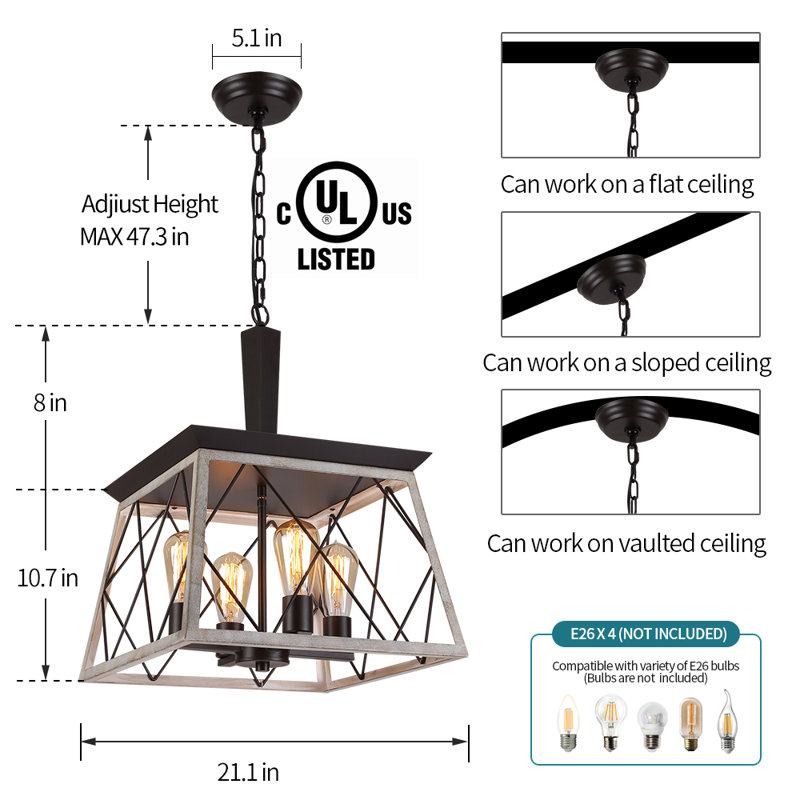 Luminaire suspendu 4 lumières pour îlot de cuisine de style campagnard, lustre industriel rustique avec cage en chêne blanc et métal ORB, luminaire suspendu réglable pour la salle à manger, vestibule homologué UL
