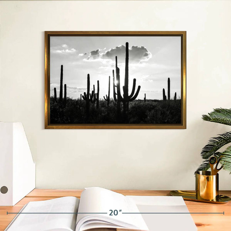 Arizona noir - Silhouettes de cactus, Cadre flottant doré, 13 po x 9 po