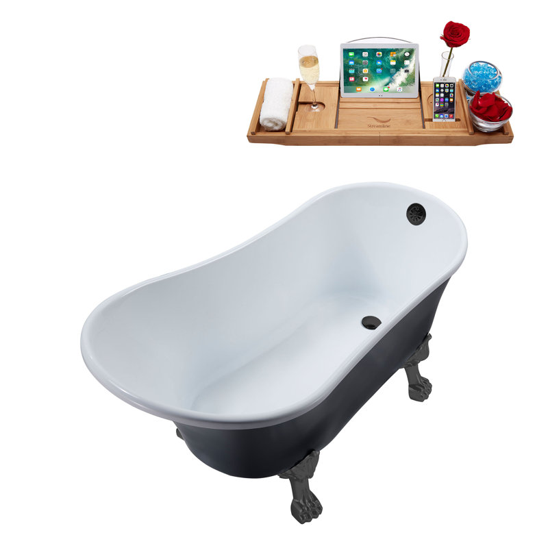 55" Streamline Clawfoot Soaking Acrylic Bathtub With Drain, Clawfeet, and Bamboo Tray, Matte Black, Brushed Gun Metal