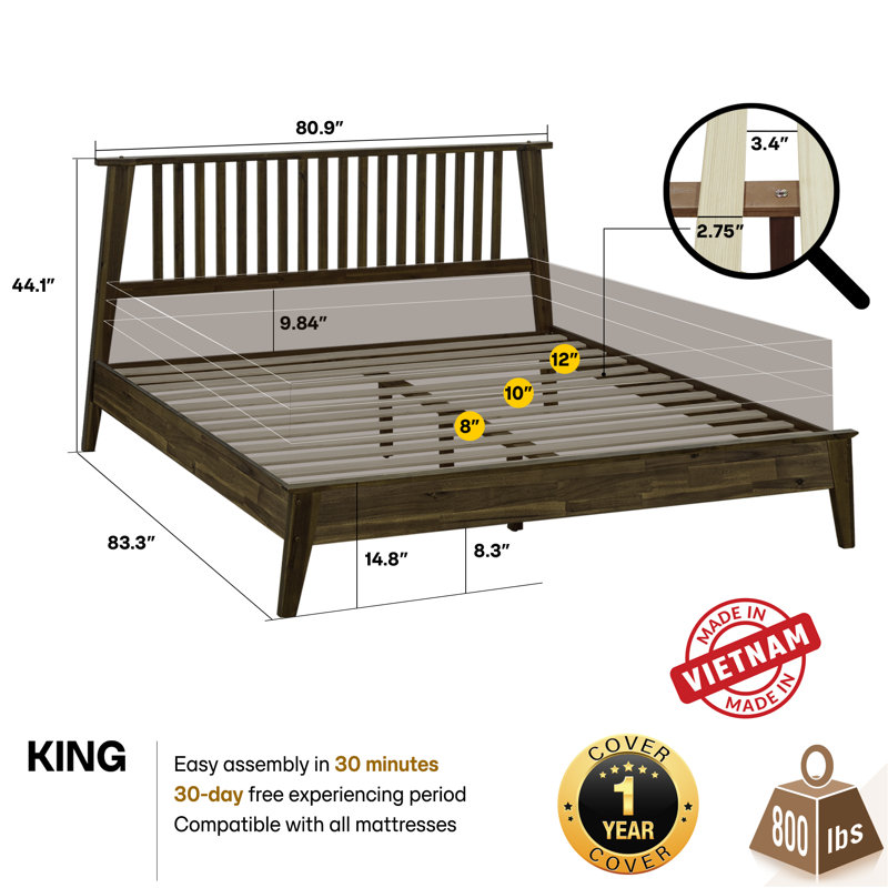 Kristoffer Premium Solid Wood Platform Bed Frame with Headboard – 800 lb Capacity, No Box Spring Needed, Fits All Mattresses