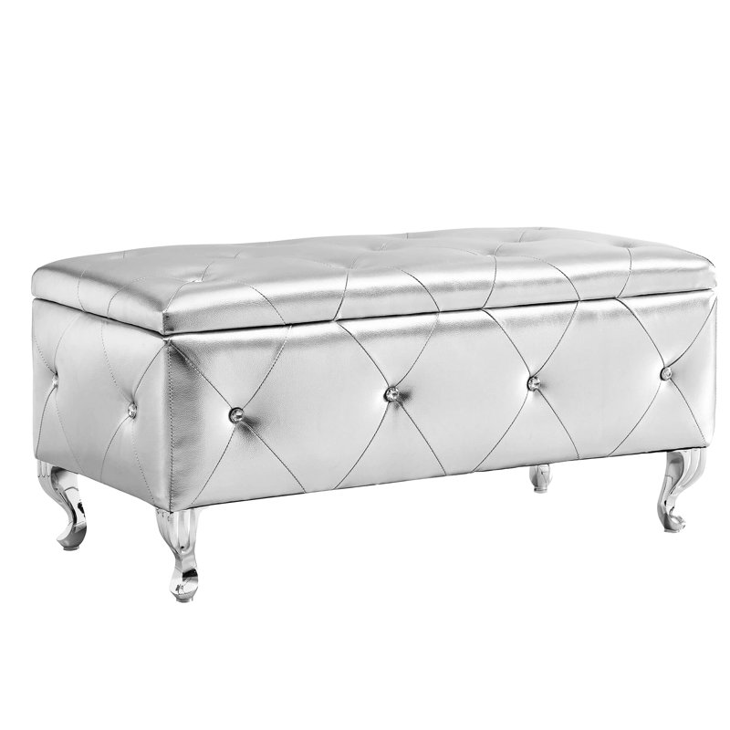 Modern Luxury European Design Silver Faux Leather Storage Bench With Crystal Buttons For Bedroom And Bathroom - Structure, Flip Top Opening Upholstered Footrest Living Room Porch Feature, Comfortable