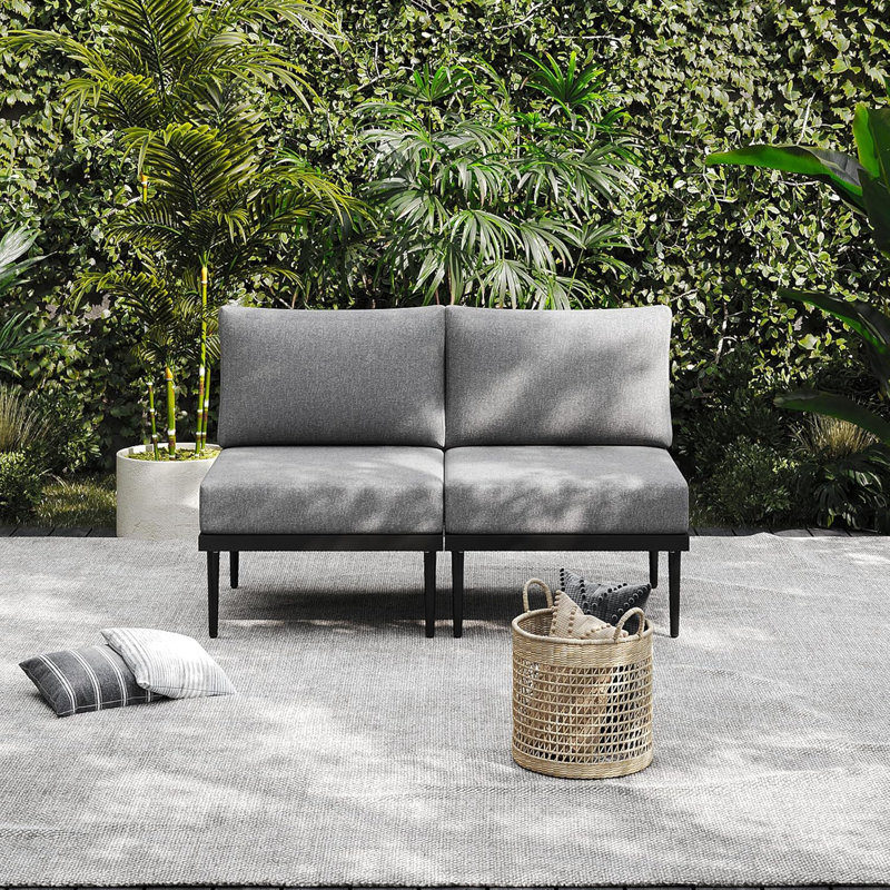 2-Person Metal Patio Furniture Set with Olefin Cushions, Armless Chairs, Gray