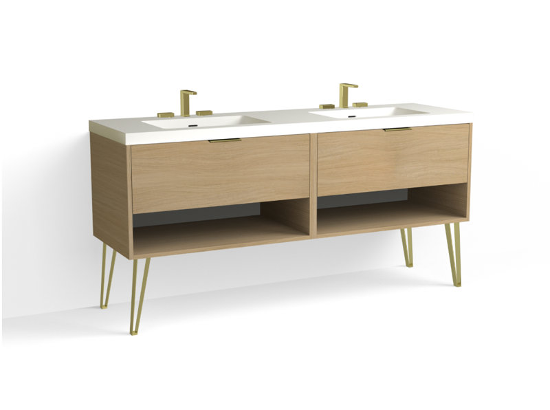 Modo 72" W Freestanding Double Bathroom Vanity with Dawson Leg, Matte White/8" Widespread, Nocino, Polished Nickel