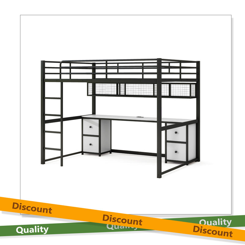Lit mezzanine double en métal avec bureau, Noir / blanc