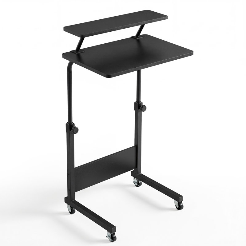  Computer Desk With Monitor Shelf, Mobile PC Table With Adjustable Height,60W*41D*(88.5-114) H Cm, Black