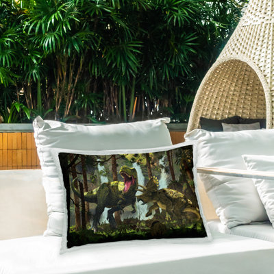 Dinosaurs in Rainforest Outdoor Printed Pillow by Vincent Hie