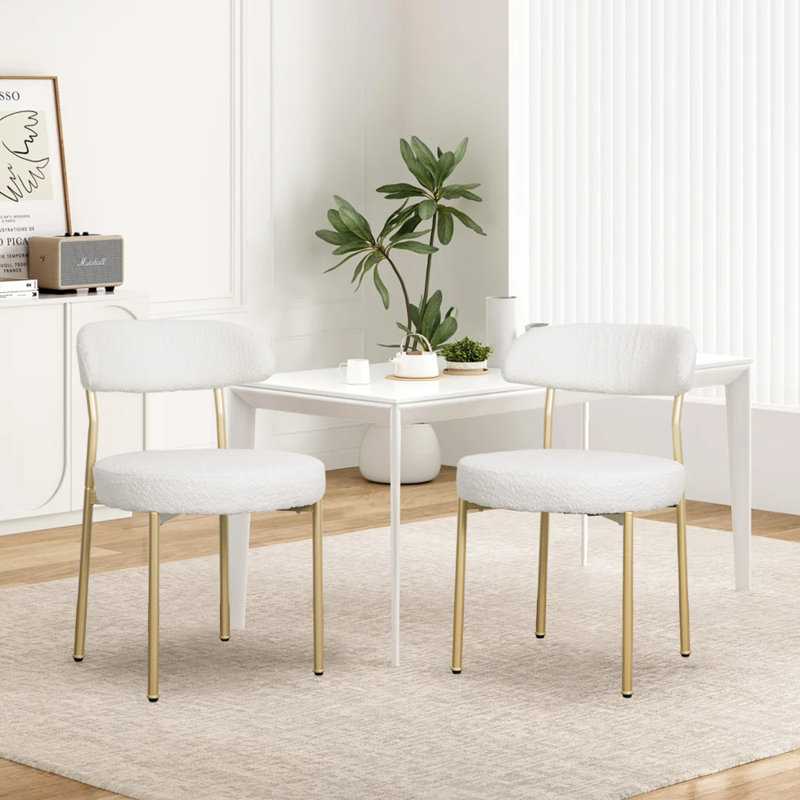 Chaise rembourrée moderne Sherpa Boucle, Blanc, Doré, 2