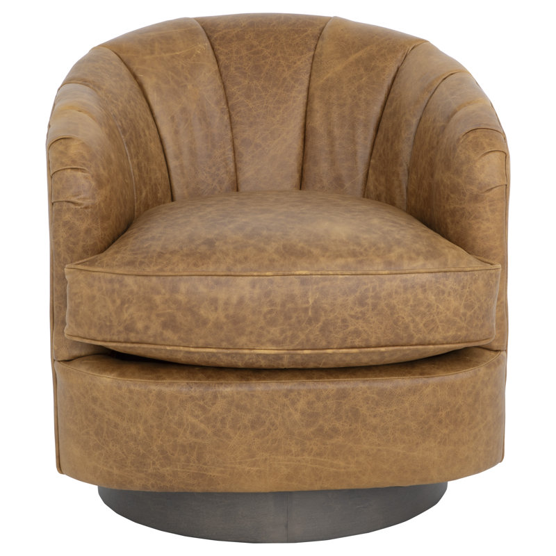 Tipsy Leather Swivel Barrel Chair, Brown Genuine Leather, Tobacco