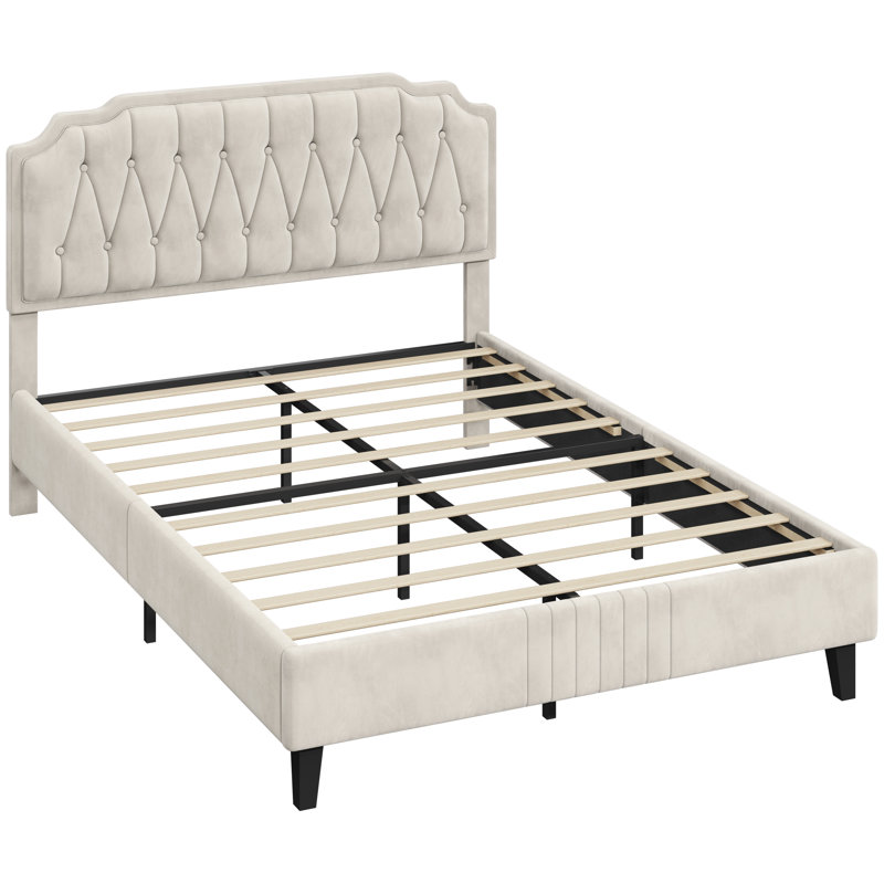Upholstered Bed Frame with with Diamond Button-Tufted Headboard, Beige, Double