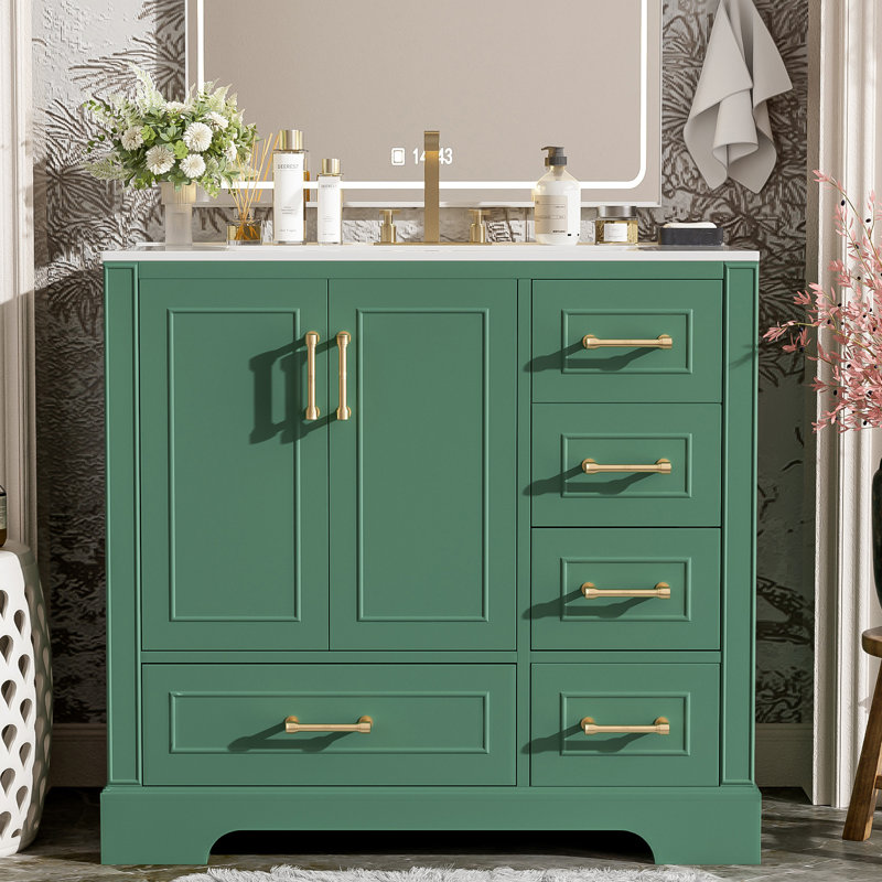 Meuble-lavabo simple 36 po avec plateau en céramique, Vert