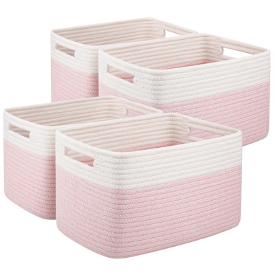 Ensemble de 4 paniers de rangement, paniers en corde de coton 13 po x 9 po x 7,8 po pour tablettes, organisateur de placard pour chambre à coucher et salon, bacs décoratifs souples, rose et blanc