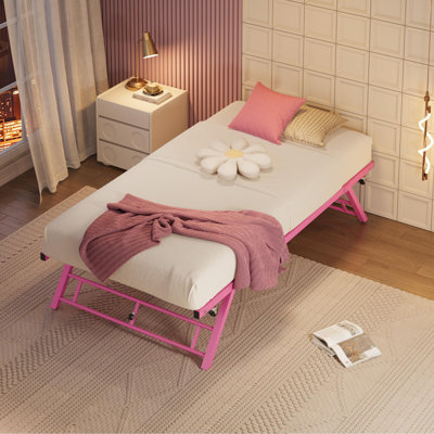 Twin Size Pop Up Trundle Bed Frame, Foldable Metal Platform with Lockable Casters, Sturdy Quiet Noise-Free, Easy Operation & Storage, Pink