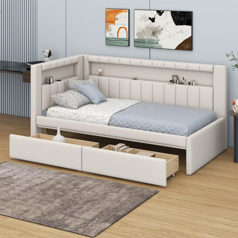 Lit plateforme tapissier avec ports USB et ceinture à DEL, avec 2 tiroirs, Blanc