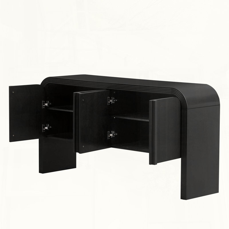 Wave-Pattern Console Table with 4 Doors and Adjustable Shelf, Black