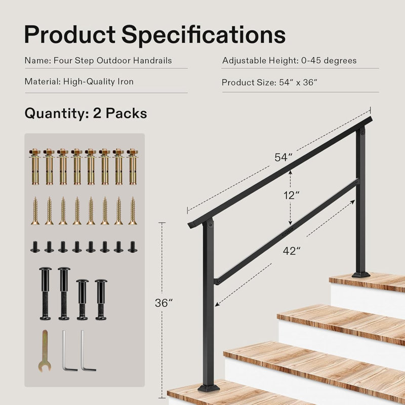 Rampe d'escalier en fer forgé mat 4 marches (paquet de 2), H 36,3 po x l 36,3 po x P 54,3 po