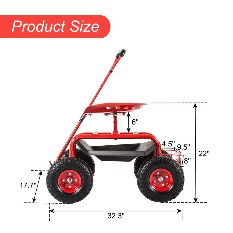 Wagon de jardin avec siège pivotant extensible avec poignée de direction et panier utilitaire (rouge), Rouge
