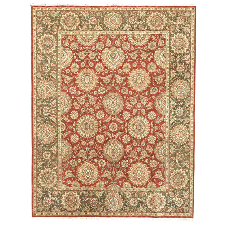 Hand Knotted Wool Area Rug in Rust And Light Green