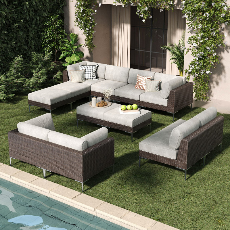  12-piece Wicker Rattan Patio Furniture Set, Deep Seating Outdoor Modular Sectional Sofa Conversation Set With Thick Cushions For Lawn, Garden