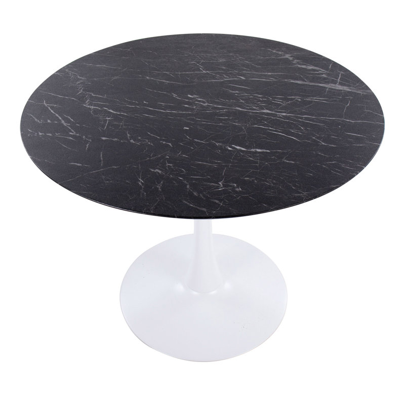 Table moderne avec base en métal blanc et plateau en placage de marbre noir, Noir