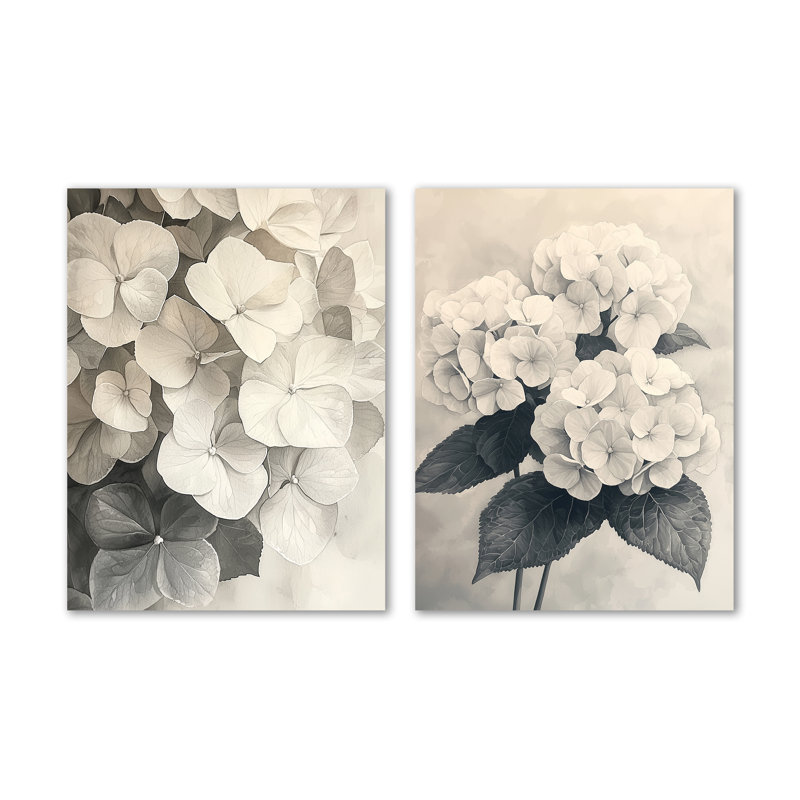 Hortensia rétro en monochrome I - ensemble de 2 décorations murales en métal blanc nature, 32" H x 48" W