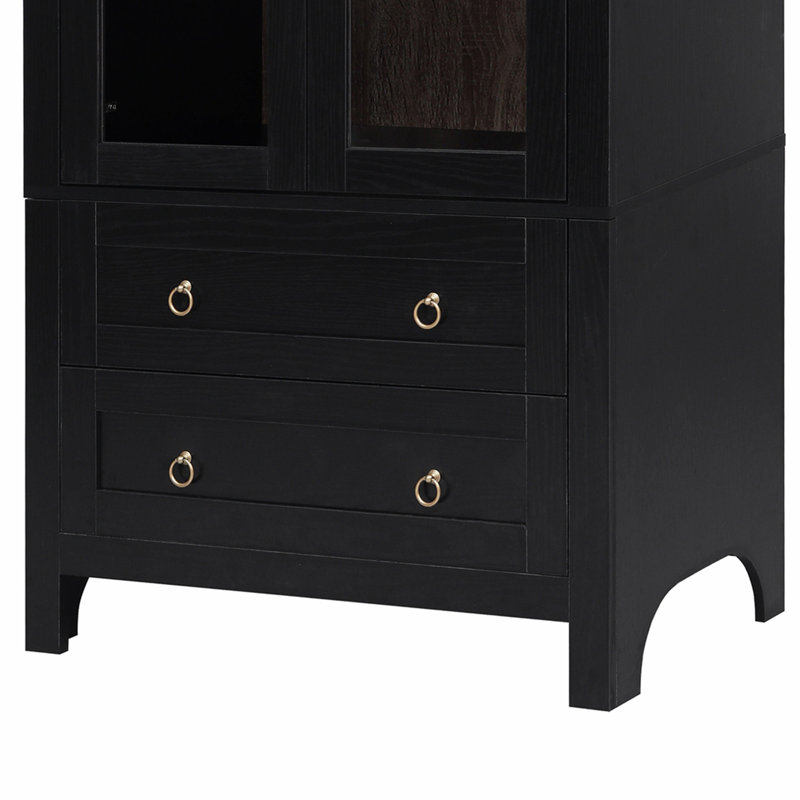 Armoire de cuisine cintrée de 180 cm de hauteur avec 2 grands tiroirs, style ferme moderne, étagères réglables, porte vitrée, meuble polyvalent en bois pour cuisine et salle à manger, noir