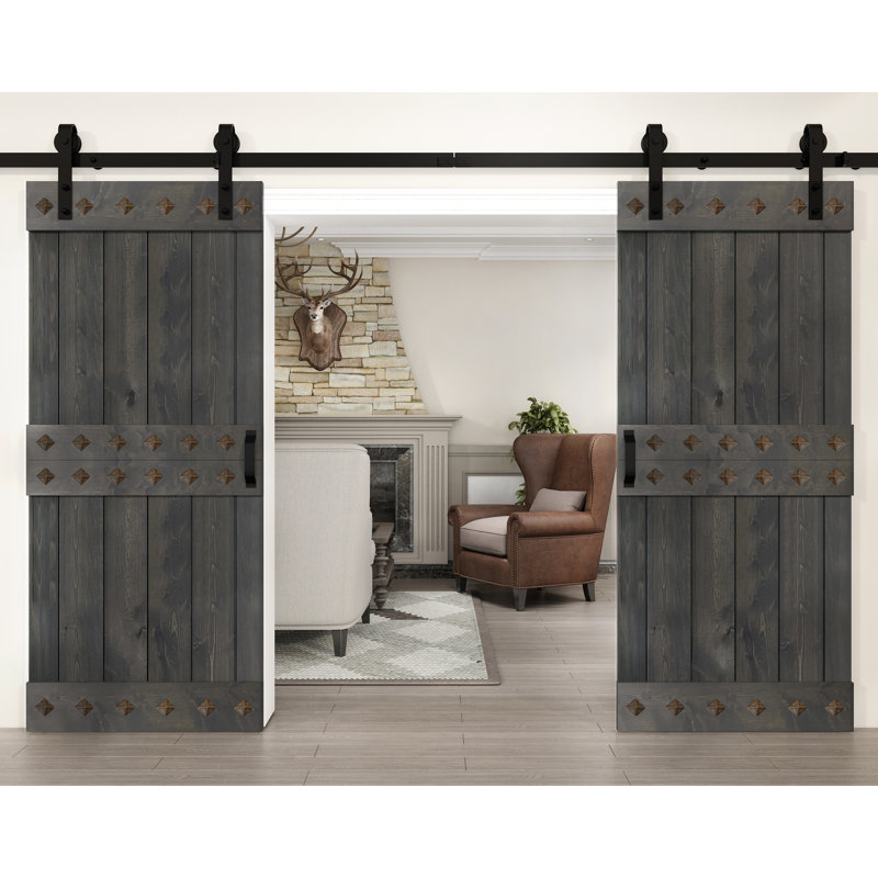 Porte de grange à panneaux et en bois avec quincaillerie d'installation, 72 po x 84 po, Gris carbone