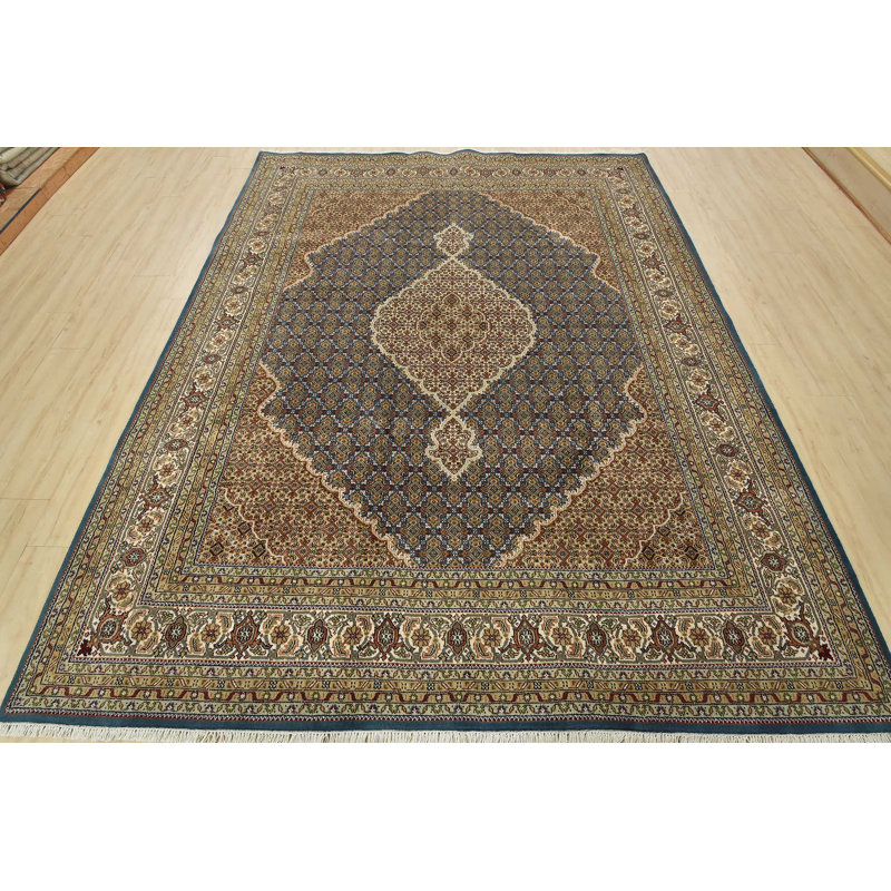 Tapis oriental traditionnel en laine bleue fine noué à la main 8 pi x 10 pi 3 po