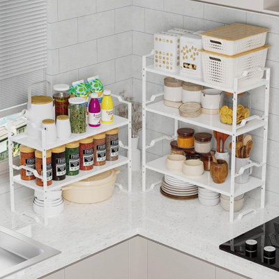Organisateur de tablette d'armoire extensible et empilable - Support de rangement de cuisine et de salle de bain réglable pour le comptoir, le garde-manger et le rangement