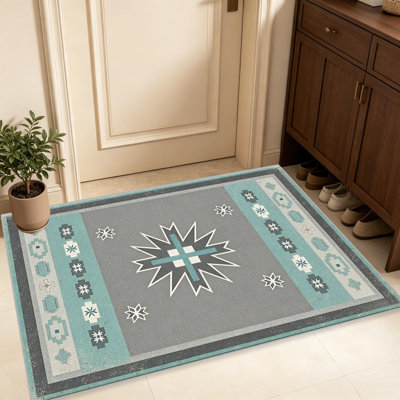Tapis gris turquoise du sud-ouest pour le salon, doux et confortable, convient à toutes les saisons, facile à entretenir, tapis de sol intérieur lavable à la machine, sous la table de ferme convenant à la chambre à coucher, à la salle à manger, au bureau, au patio, au balcon, à la décoration intérieure