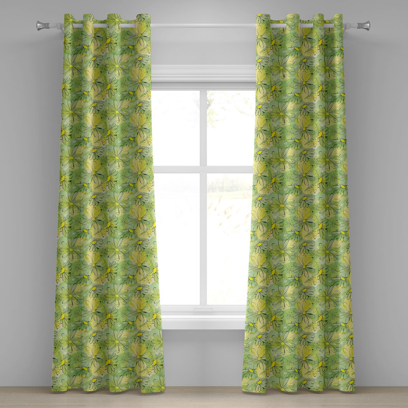 East Urban Home Floral Grommet Curtain Decorative 2-Panel Window Drapes, 50" Apple Green Yellow Black, 50" W x 108" L